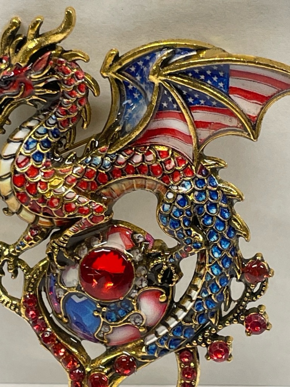 Patriotic Red and Blue Dragon Enamel Accent - Gold Tone